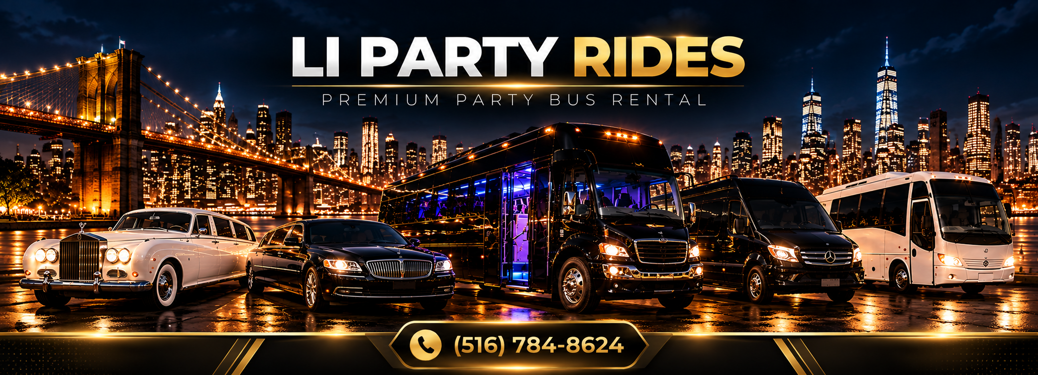 LI Party Rides luxury party bus, limousine, Sprinter van and shuttle fleet for group transportation on Long Island, NY.